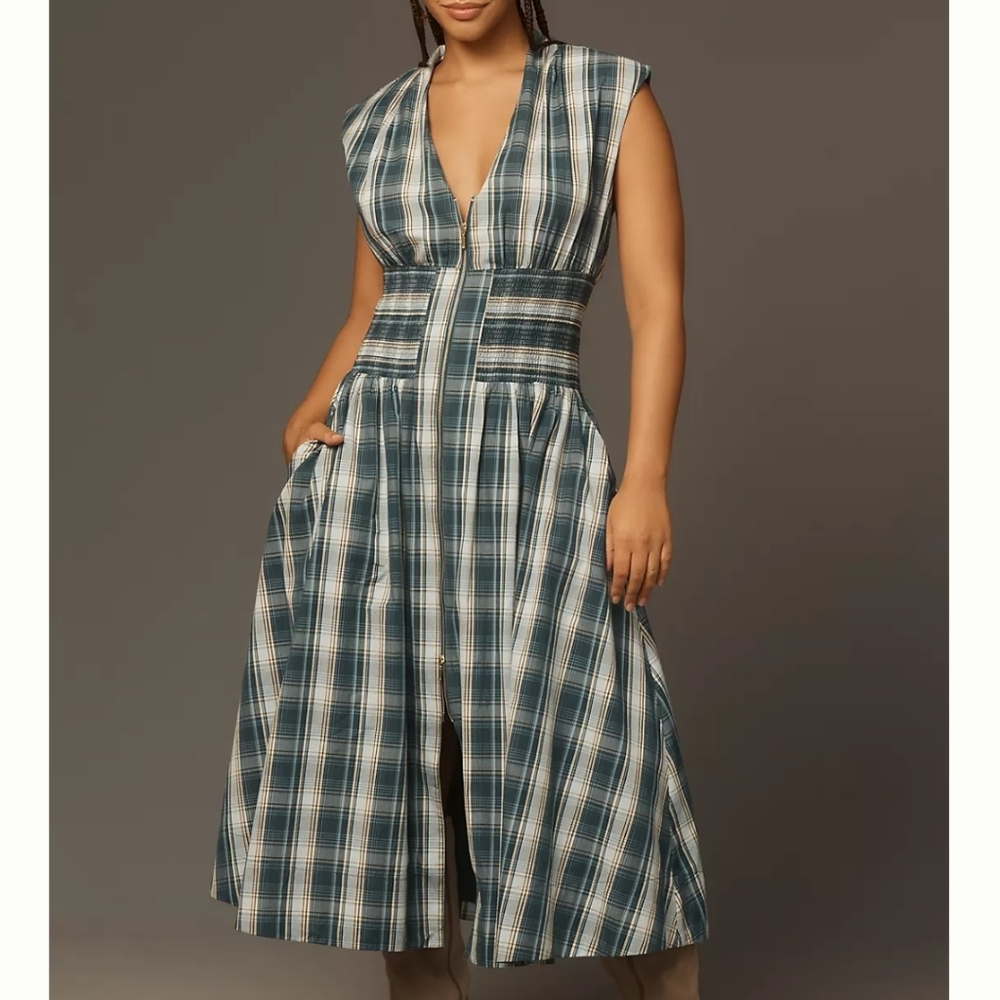Anthropologie Tommie Zip-Front Midi Dress Green Plaid, size 3X Plus St. Pats - Picture 2 of 9